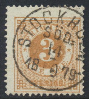 Sweden Suède Sverige: Facit 28b, 3ö Brown Ringtyp P.13, STOCKHOLM SÖD Cancel (DCSV00185) - 1872-1891 Ringtyp