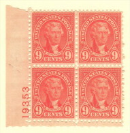USA SC #641 MNH PB4  1927 9c Jefferson #19353 W/pencil Mrkg In L Selv., CV $17.50 - Plate Blocks & Sheetlets