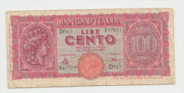 Italy 100 Lire 1944 VG+ P 75a 75 A - 100 Liras