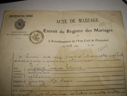 ACTE DE MARIAGE Commune De Plainpalais Canton De GENEVE 1913 Travailleur Français Haute Savoie - Fiscales