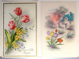 Cpa Lot 2x Litho 1x M.G.A. Illustrateur Theme Tulipe Aquarelle Maison Ajoutis Fantaisie Petale Feuilles Velour - Sammlungen & Sammellose