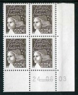 Bloc** De 4  Timbres De 2002  "0,02 € - Type Luquet / RF" Avec Date 24 . 06 . 03 (2 Traits) - 2000-2009