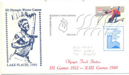 USA Winter Olympic Games 1980 Lake Placid Cover; Skiing Stamp & Flame Cancellation; Torch Runner Cachet, Logo Vignette - Invierno 1980: Lake Placid
