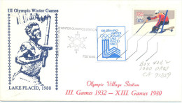 USA Winter Olympic Games 1980 Lake Placid Cover; Skiing Stamp; Torch Runner Cachet, Logo Vignette - Invierno 1980: Lake Placid
