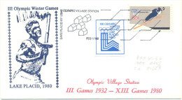 USA Winter Olympic Games 1980 Lake Placid Cover; Ski Jumping Stamp Village Cancel; Torch Relay Cachet; Logo Vignette - Invierno 1980: Lake Placid