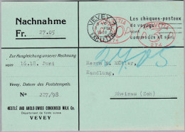 CH Firmenfreistempel 1938-08-01 Vevey 1  "P30P + P3P #274" Auf Nachnahme Karte Nestlé - Frankiermaschinen (FraMA)