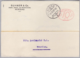 CH Firmenfreistempel 1937-04-01 Herisau 1 "P10P #371" Auf Karte - Affrancature Meccaniche
