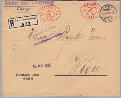 CH Firmenfreistempel 1929-04-13 Chur  "P40P + P70P #576" Auf R-Brief Nach Wien - Frankiermaschinen (FraMA)