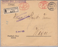 CH Firmenfreistempel 1929-04-13 Chur  "P40P + P70P #576" Auf R-Brief Nach Wien - Affranchissements Mécaniques