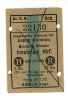 Biglietto Ferroviario Brenner Innsbruck Anni '50 - Europa