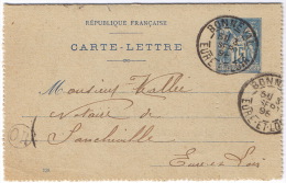 ENTIER CARTE LETTRE 15c TYPE SAGE  ORIGINE RURALE VILLIERS SAINT ORIEN OBLITERE BONNEVAL EN 1898 - Kaartbrieven