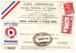 Frankreich 1931 Vincennes Offizielle Flugmeeting Karte Nach Rümänien Und Zurück Mit Vignette - 1927-1959 Covers & Documents