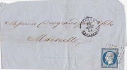 LETTRE SANS CORRESPONDANCE  CACHET MARITIME ALGER-MARSEILLE  1855 AVEC OBLITERATION PC  INDICE 21 (550 EUROS) - Maritieme Post
