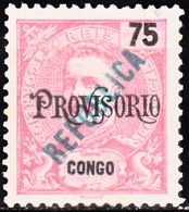 CONGO - 1914 -  D. Carlos I,  Com Sobrecarga  «REPUBLICA»   75 R. Carmim (Provisório)   (*) MNG    MUNDIFIL  Nº 122 - Congo Portoghese