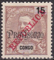 CONGO - 1915 - D. Carlos I, Com Sobrecarga «REPUBLICA»  15 R.   P. Liso   * MH  D. 11 3/4 X 12   MUNDIFIL  Nº 130 - Portugiesisch-Kongo