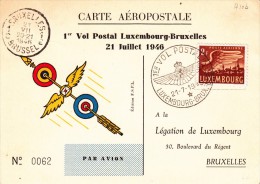 Carte Aèropostale, I° Vol Postal Luxembourg - Bruxelles. 21 Juillet 1946 - Lettres & Documents