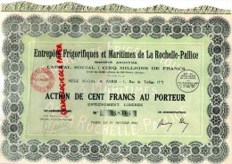 17 -  ENTREPOTS FRIGORIFIQUES ET MARITIMES DE LA ROCHELLE-PALLICE- RARE ACTION DE 100 FRANCS AU PORTEUR-1ER -01-14931 - Autres & Non Classés