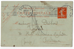 Entier--CP Type Semeuse 10c Rouge--cachet PARIS 25 -7 Lignes Parallèles Destiné à Bordeaux - Standard Postcards & Stamped On Demand (before 1995)