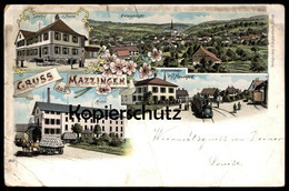 ALTE LITHO POSTKARTE GRUSS AUS MAZZINGEN STRASSENBAHN WYL FRAUENFELD Tram Tramway Dampflok Locomotive à Vapeur Matzingen - Frauenfeld