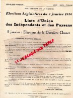 23 - GUERET - ELECTIONS LEGISLATIVES 2 JANVIER 1956- LISTE UNION INDEPENDANTS ET PAYSANS- PIERRE JULES LEMOINE- - Documenti Storici