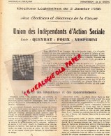 23 - GUERET - ELECTIONS LEGISLATIVES 2 JANVIER 1956- UNION INDEPENDANTS -QUEYRAT- FOUIX-VESPERINI - Documenti Storici
