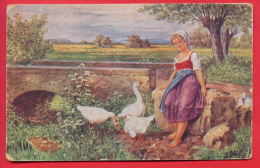 156650 / Austria Art Josef Kranzle - Domestic Goose Hausgans BIRD LITTLE GIRL BRIDGE - F.H.&C.W. 5006 - Kränzle