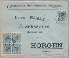 Heimat St Gallen (Bad) RAGAZ Bahnwagenvermerk 1906-09-08 Sternberg AT Brief Nach Horgen - Railway