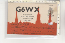 PO8750C# CARTE QSL - G6WX COVENTRY ENGLAND - RADIO II BKF - PUBBLICITA' AUTO HUMBER HAWK  No VG - Radio