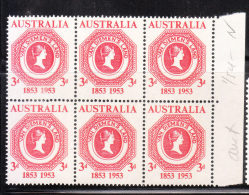 Australia 1953 Tasmania's First Postage Stamps Cent Blk Of 6 MNH - Ungebraucht