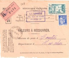 2992 PARIS 111 Valeur Recouvrer Expo PARIS 1,50 F Yv 336 Paix 65 C Bleu Yv 365 Tarif 12/7/37 Contres Recommandé Ob Meca - Lettres & Documents