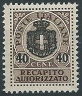 1945 LUOGOTENENZA RECAPITO AUTORIZZATO 40 SU 10 CENT MNH ** - ED1051-10 - Authorized Private Service