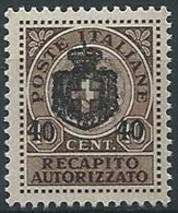 1945 LUOGOTENENZA RECAPITO AUTORIZZATO 40 SU 10 CENT MNH ** - ED1052 - Authorized Private Service