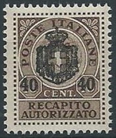 1945 LUOGOTENENZA RECAPITO AUTORIZZATO 40 SU 10 CENT MNH ** - ED1052-11 - Recapito Autorizzato