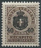 1945 LUOGOTENENZA RECAPITO AUTORIZZATO 40 SU 10 CENT MNH ** - ED1052-14 - Service Privé Autorisé