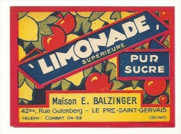 Ancienne étiquette  Limonade Supérieure Pur Sucre   Balzinger Combat  Pré St Gervais - Limonades & Frisdranken