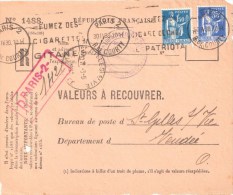 2988 PARIS 2  Valeur Recouvrer Paix 65 C Bleu Yv 365 1,50 F Bleu Yv 288 Tarif 12/7/37 Recommandé Ob Meca  GITANE - Brieven En Documenten