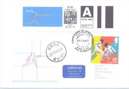 UK Olympic Games London 2012 Letter; Fencing Air Mail Smart Stamp Fencing Pictogram Fencing Stamp & Cachet Sent To China - Verano 2012: Londres