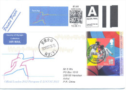 UK Olympic Games London 2012 Letter; Fencing Air Mail Smart Stamp Fencing Pictogram Fencing Stamp & Cachet Sent To China - Verano 2012: Londres