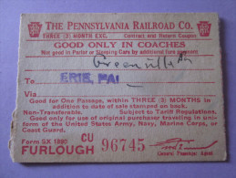 USA WW2 PENNSYLVANIA RAILROAD 1944 / CHEMIN DE FER/ TICKET DE TRAIN - Wereld