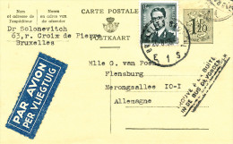 991/22 - Entier Postal Lion Héraldique + TP Baudouin Lunettes BRUXELLES 1956 PAR AVION Vers Allemagne - Cartes Postales 1951-..