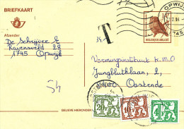 993/22 - RARE Entier Postal Oiseau Buzin OPWIJK - Taxé 34 Francs Par Tricolore Timbres-Taxe OOSTENDE 1994 - Postkarten 1951-..