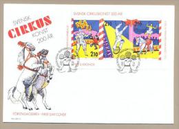 CIRCUS CIRQUE ZIRKUS CLOWN HORSE TRAPEZ - SWEDEN SUEDE SCHWEDEN 1987 MI 1450-1452  FDC Slania - Circus