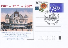 Czech Rep. / Postal Stat. (Pre2007/18cp) 140 Years Railway Line Vienna-Czech Budejovice-Pilsen; Railway Station Pilsen - Tramways