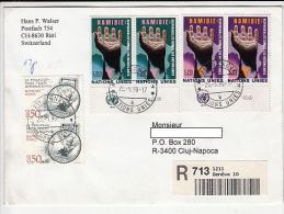 PHILATELY, NAMIBIA AND UN, STAMPS ON REGISTERED COVER, 1998, UNITED NATIONS - Lettres & Documents