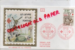 02 - CHATEAU THIERRY - ENVELOPPE 1ER JOUR - LA CROIX ROUGE ET LA POSTE EN SOIE  - LE LIEVRE ET LA TORTUE - - Chateau Thierry