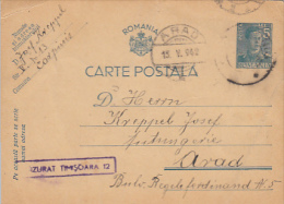 7799- KING MICHAEL, PC STATIONERY, ENTIER POSTAUX, CENSORED TIMISOARA NR 12, 1942, ROMANIA - Cartas De La Segunda Guerra Mundial