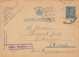 7799- KING MICHAEL, PC STATIONERY, ENTIER POSTAUX, CENSORED TIMISOARA NR 12, 1942, ROMANIA - 2de Wereldoorlog (Brieven)