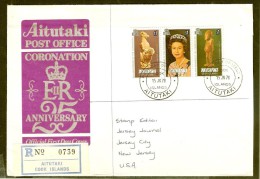 090008 Sc 166a,b,c-25 QUEEN ELIZABETH, 25TH ANNIVERSARY OF CORONATION ON FDC-REGISTRATION#0739 JERSEY CITY BACK STAMP - Aitutaki