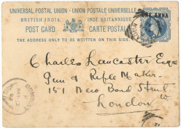BRITISH INDIA - 1892 - One Anna Overprinted On One And Half Anna - Carte Postale - Postal Card - Intero Postale - Ent... - 1882-1901 Empire