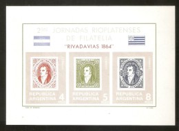 HOJA BLOQUE DE 3 SELLOS DE ARGENTINA JORNADAS RIOPLATENSES FILATELIA RIVADAVIAS 1864  SIN DENTAR (NUEVOS-MINT) - Blokken & Velletjes